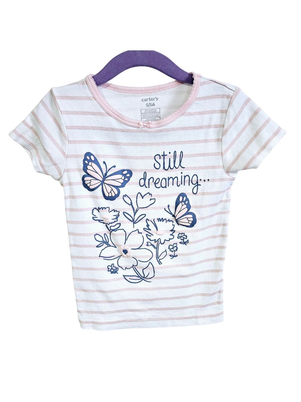 Carter's Girls 5A Short Sleeve Butterfly Graphic Tee Still Dreaming Pink Stripe